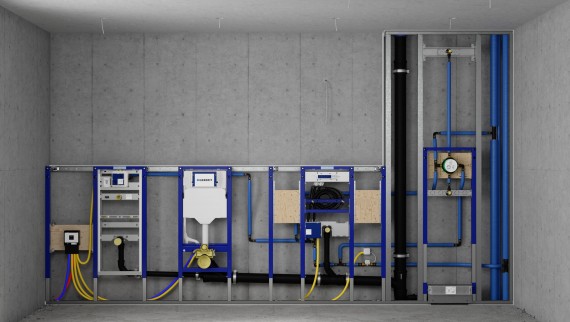 Instalacijski zid s Geberit Duofix elementima za pisoar, WC, umivaonik i tuš