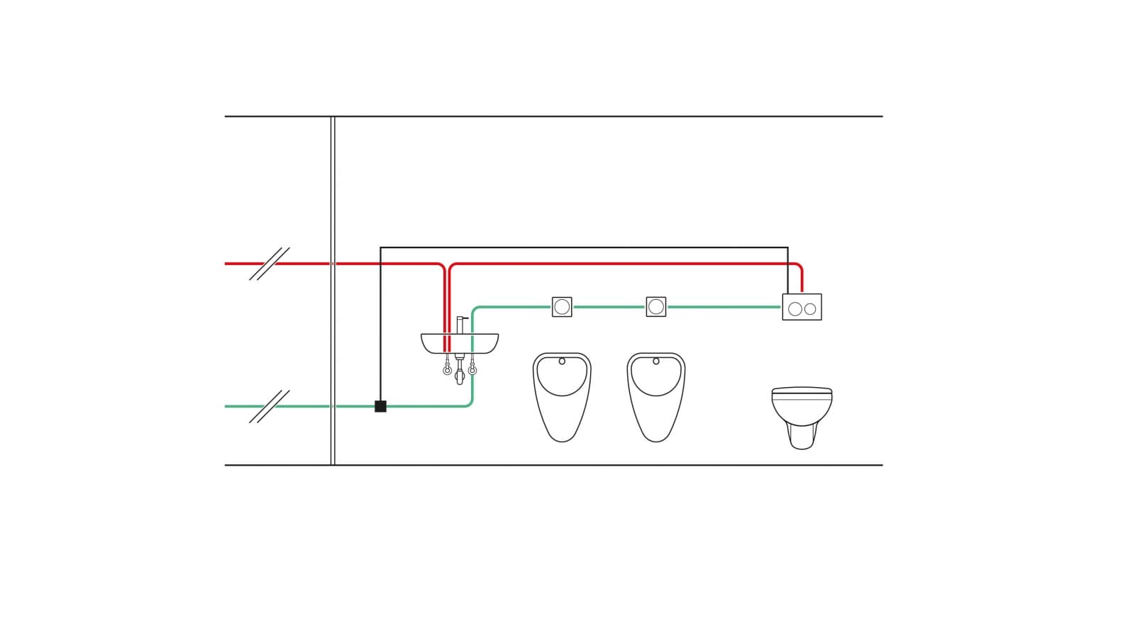 Primjer cjevovoda ugradbenog vodokotlića s kontroliranom temperaturom s jedinicom za higijensko ispiranje i korištenjem temperaturnog senzora. (© Geberit) Primjer cjevovoda ugradbenog vodokotlića s kontroliranom temperaturom s jedinicom za higijensko ispiranje i korištenjem temperaturnog senzora. (© Geberit)