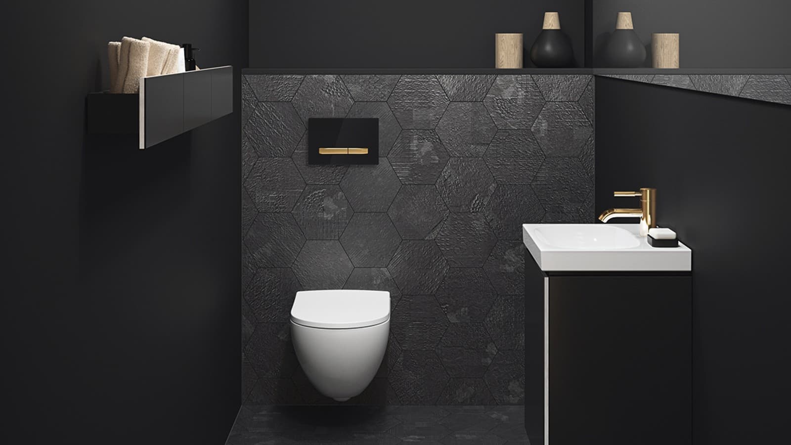 Zlatna armatura i tipkla za aktiviranje u kombinaciji s tamnim tonovima Zlatna armatura i tipkla za aktiviranje u kombinaciji s tamnim tonovima